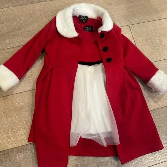 LILT 2T GIRLS RED & WHITE DRESS WITH PEA COAT CHRISTMAS - Picture 12 of 13